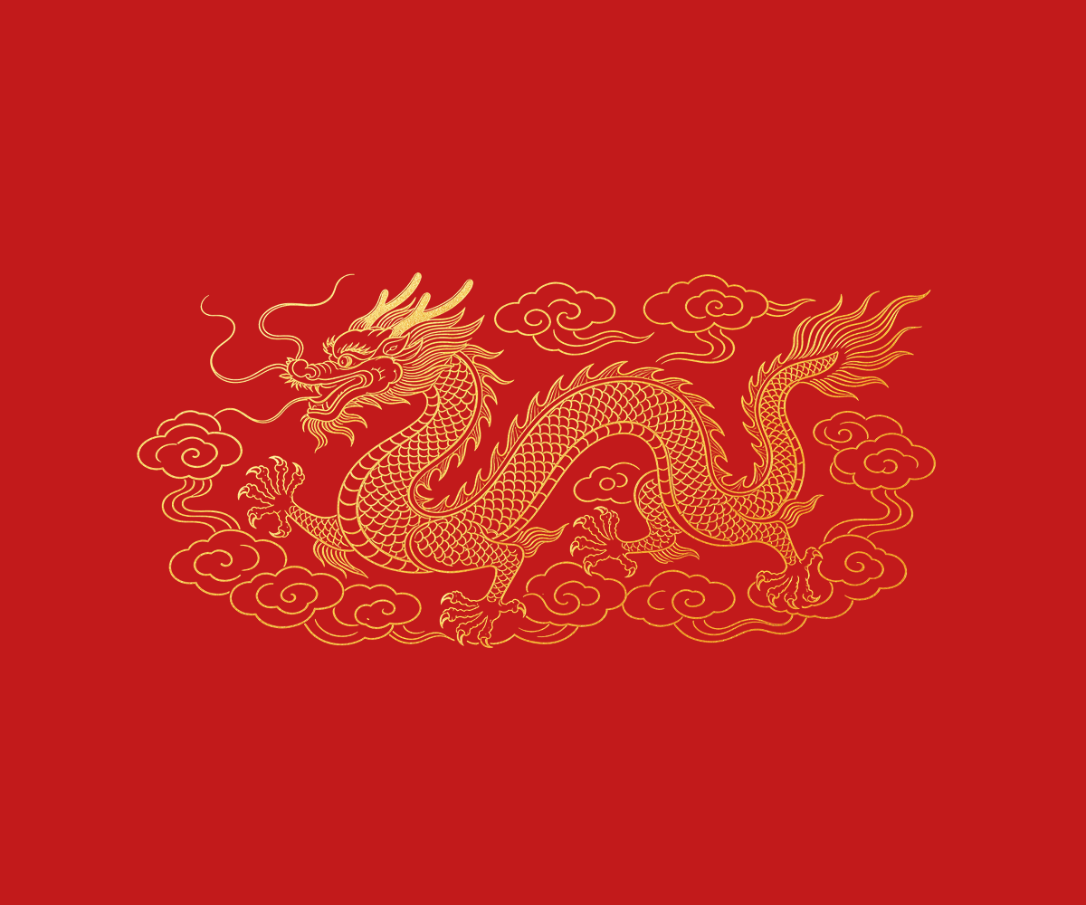 一条由金色细线条绘制的金龙盘踞在金色祥云中，浮在红色背景上。
