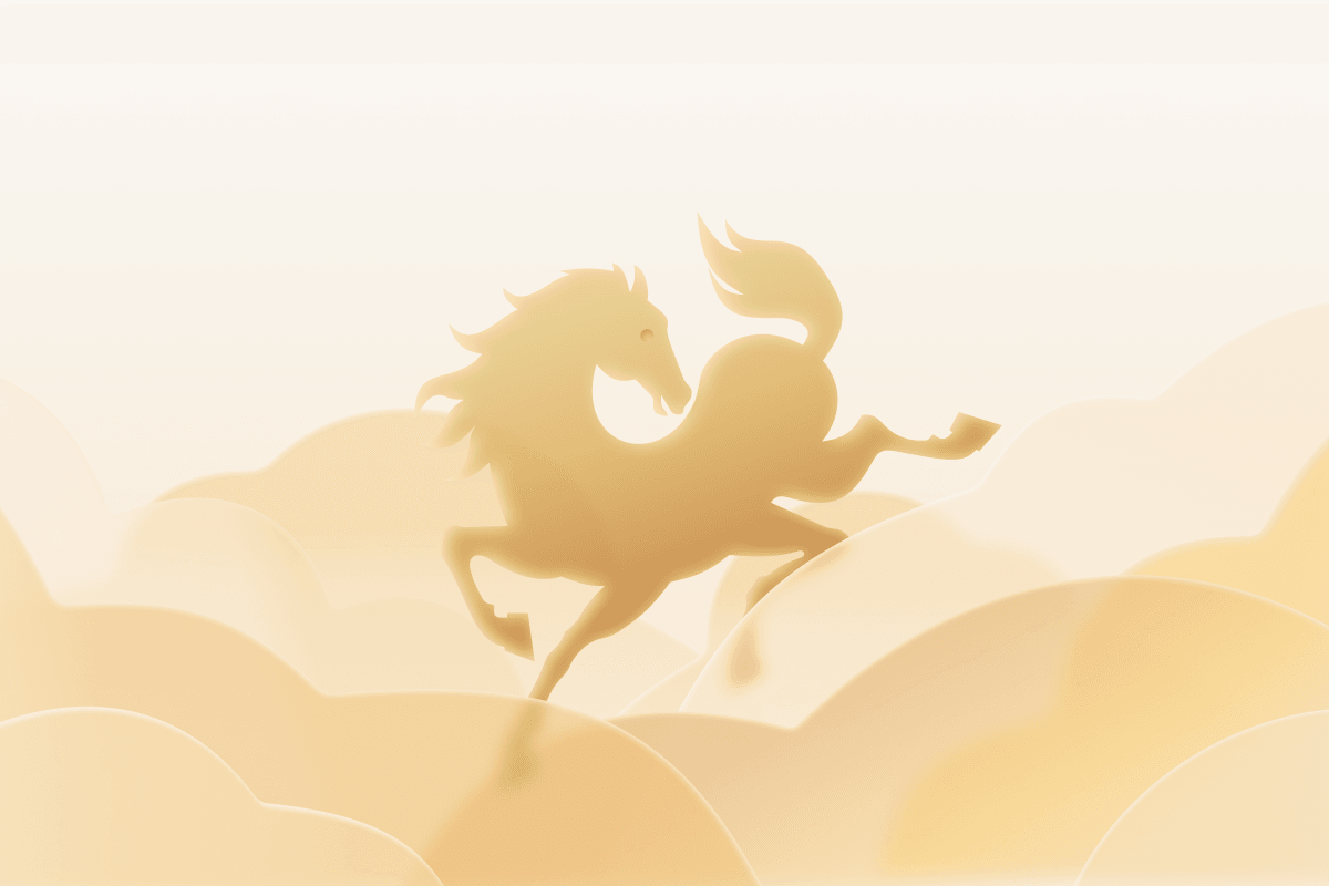 奔马呈现由浅至深的金色渐变效果，周围环绕着半透明金色云朵。